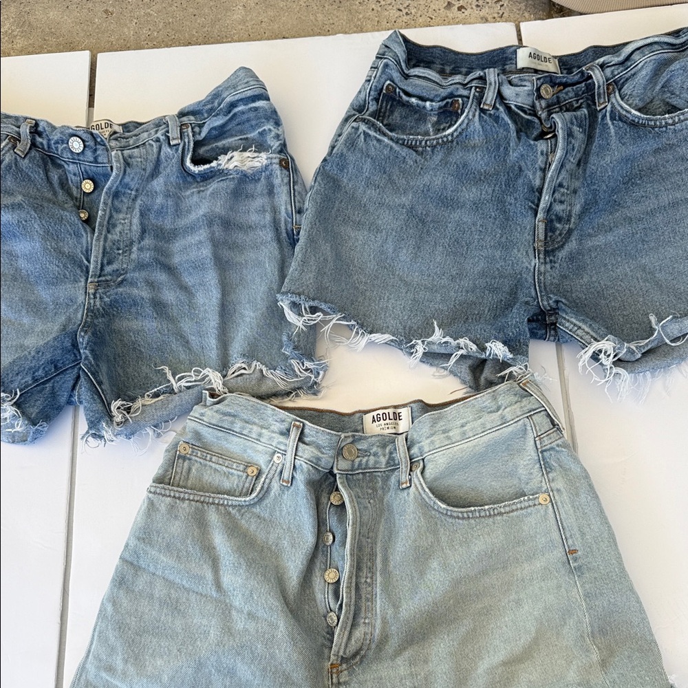 Agolde Distressed Blue Jean Shorts Trio